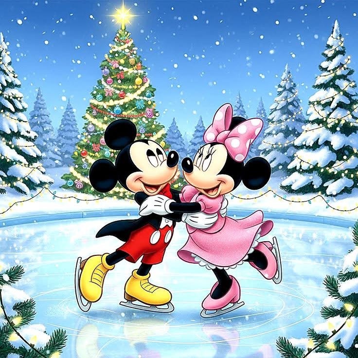 Mickey and Minnie Mouse ice skating in front of a Christmas tree in a winter wonderland