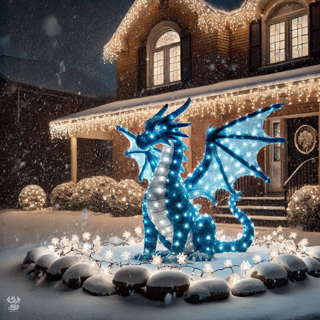Illuminated blue dragon statue in snowy yard with Christmas lights and decorated house at night