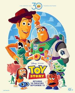 Toy Story 30th anniversary poster with Woody, Buzz Lightyear, Rex, Hamm, and other characters