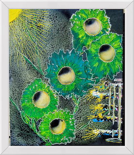 Abstract painting of green and yellow flowers with dark circular centers on a black background