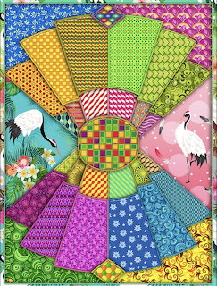 Colorful illustrated fan of patterned panels with cranes, flowers, and geometric designs