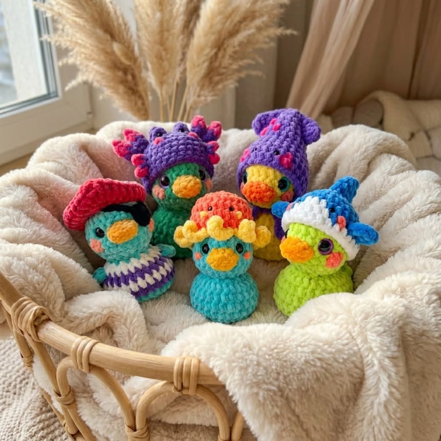 Five colorful crocheted duck toys in a wicker basket with a soft cream blanket
