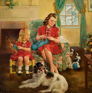 Painting of mother and daughter knitting together in armchair with dog lying on floor in warm domestic interior scene