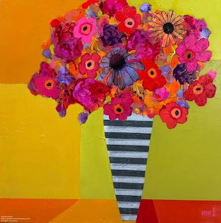 Bright abstract flowers in black and white striped vase on yellow, orange, and red geometric background