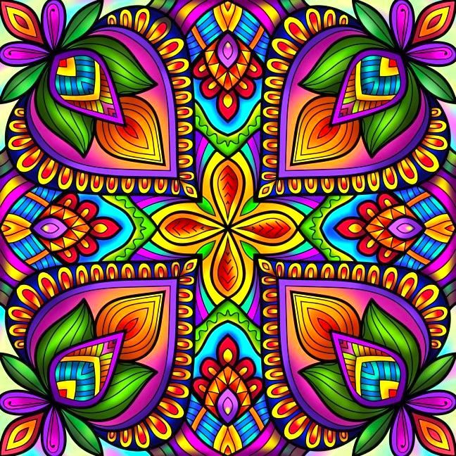 Colorful symmetrical mandala with floral and geometric patterns