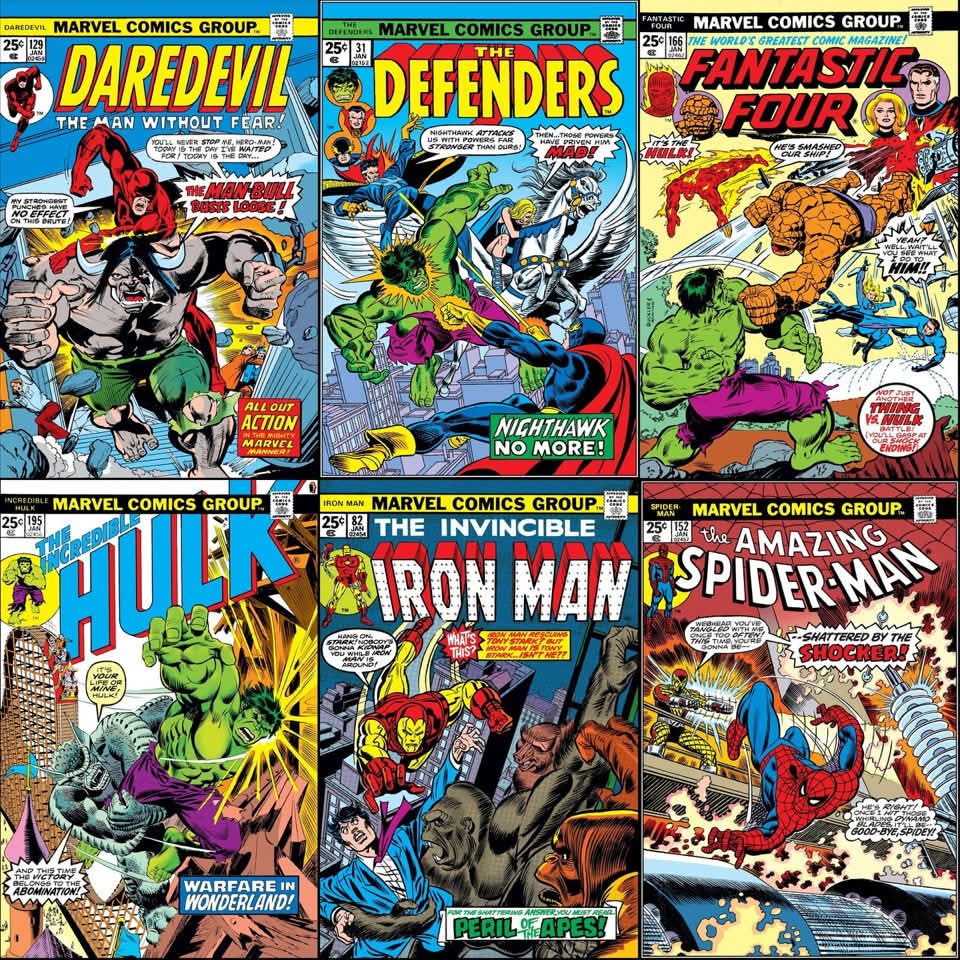 Collage of six vintage Marvel comic book covers with classic superheroes