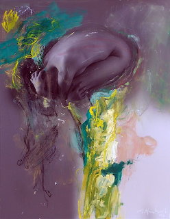 Abstract painting with purple, yellow and teal brushstrokes on lavender background