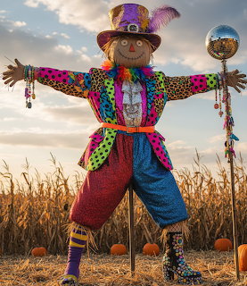 Colorful patchwork scarecrow with purple hat standing in wheat field at sunset