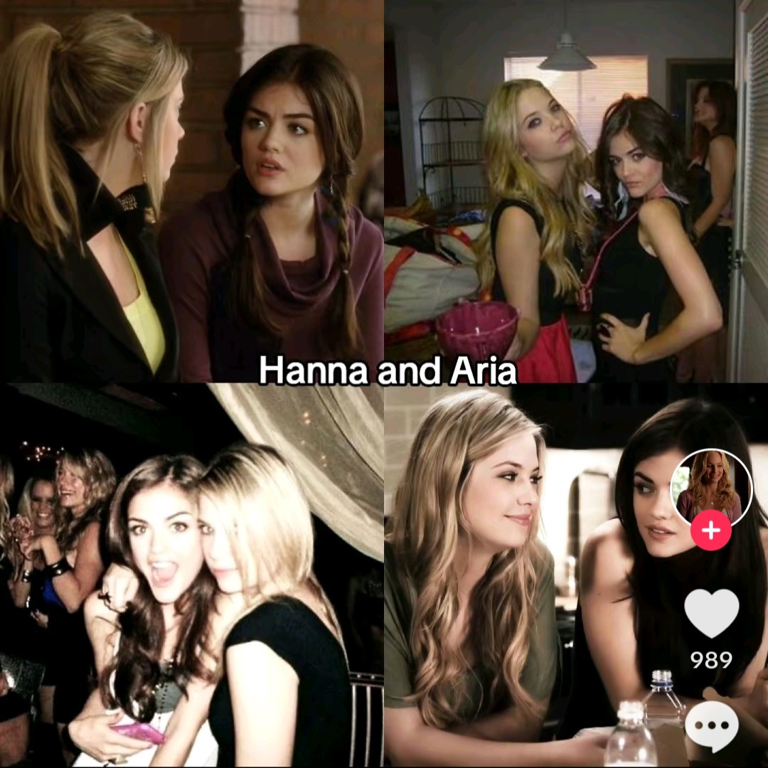 Collage of two young women in several indoor scenes with the text Hanna and Aria