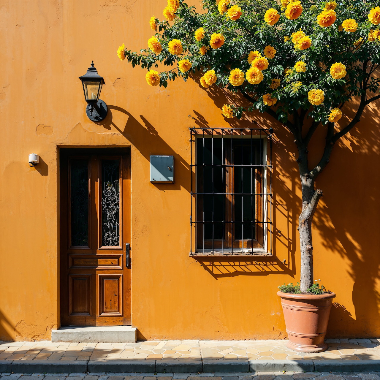 Yellow house exterior with brown door, window with bars, and potted tree with yellow blooms