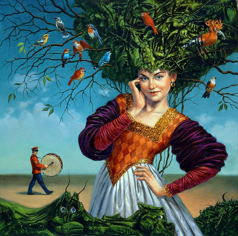 Surreal painting of a woman with tree-shaped hair, birds, and a small drummer in the background