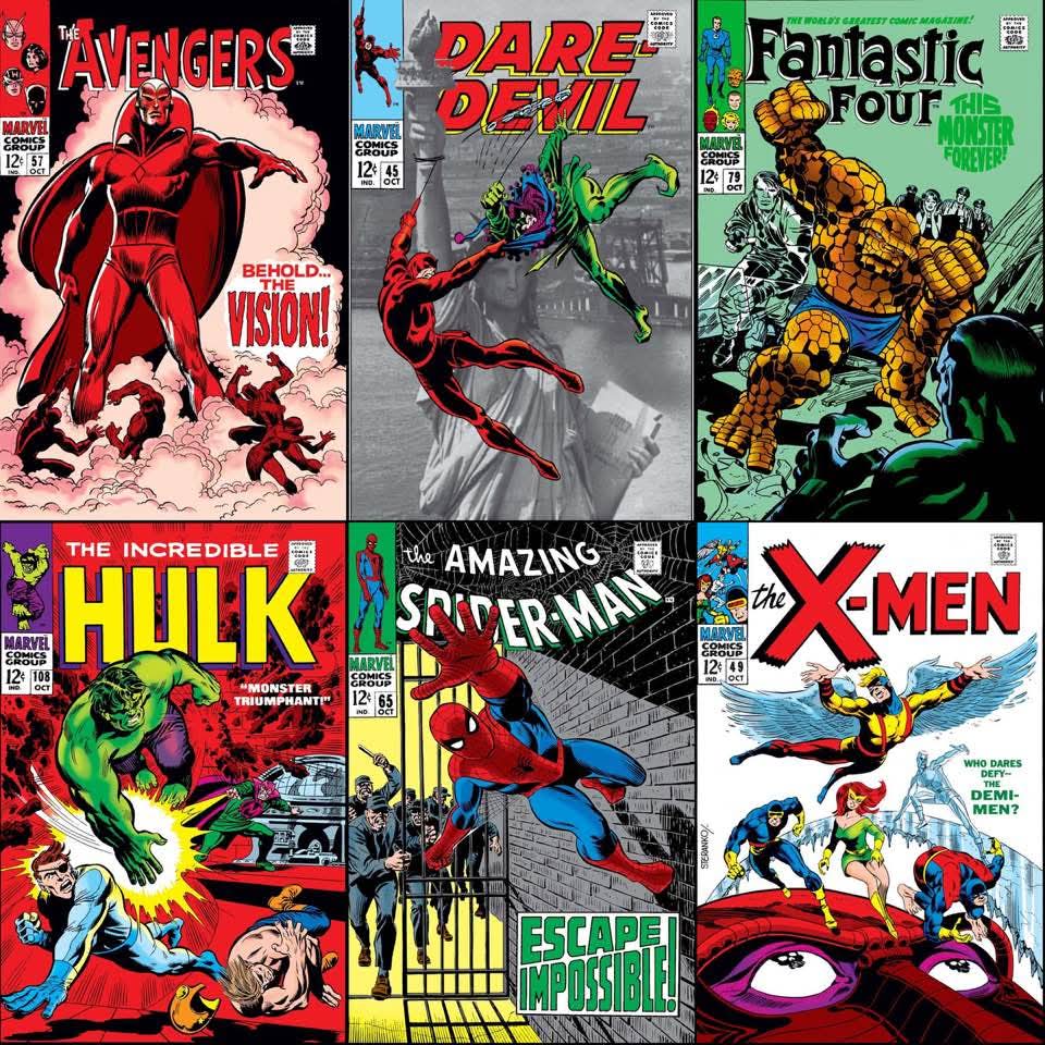 Collage of six vintage Marvel comic book covers with Avengers, Daredevil, Fantastic Four, Hulk, Spider-Man, and X-Men