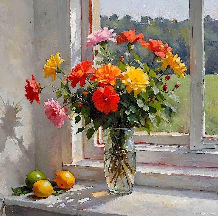 Vibrant flower bouquet in vase on windowsill with landscape view
