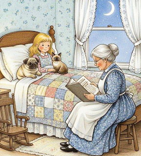 Grandmother reading a book to child in bed with pug dog under moonlit window