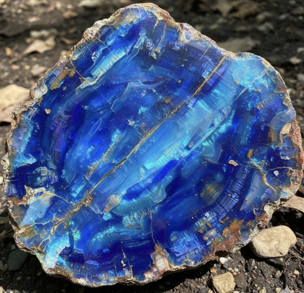 Bright blue polished slice of opalized wood on rocky ground