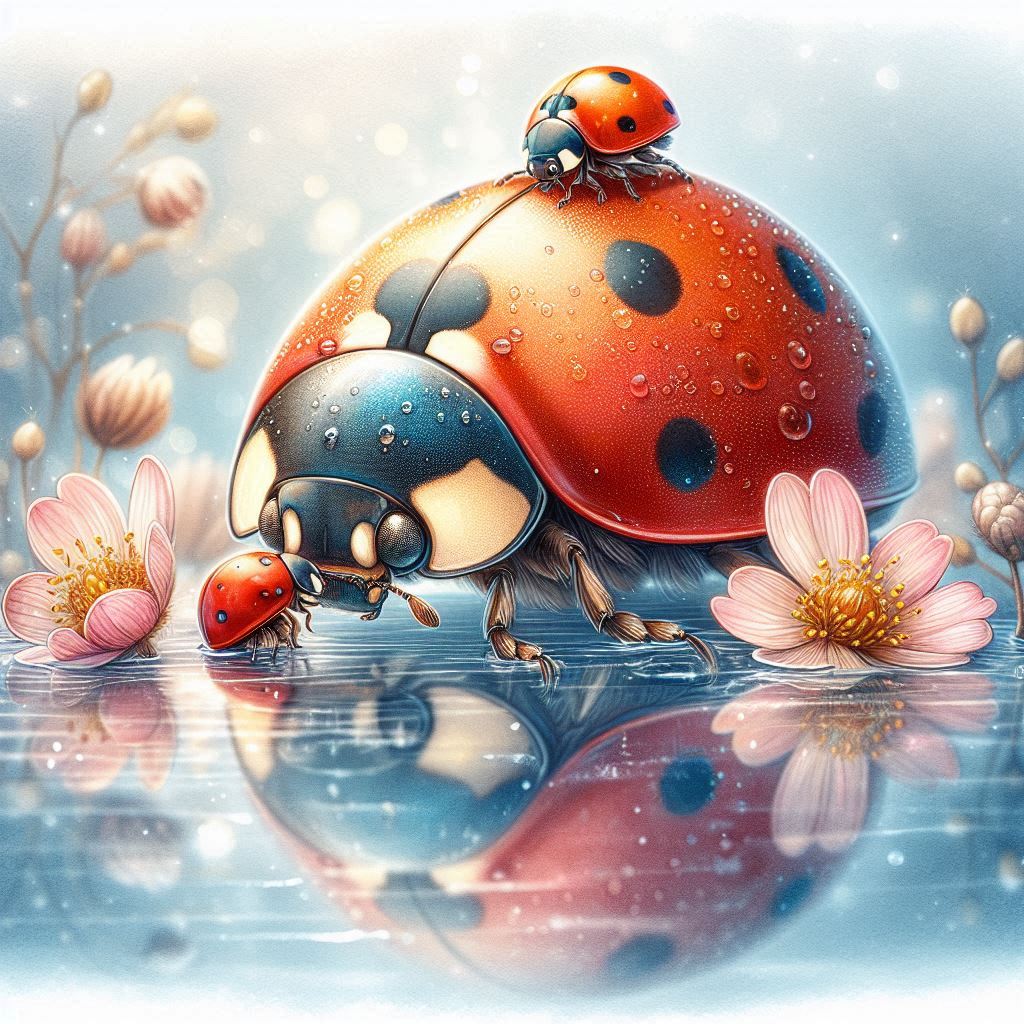 Illustrated ladybug on reflective water surface with flowers and water droplets in soft pastel colors
