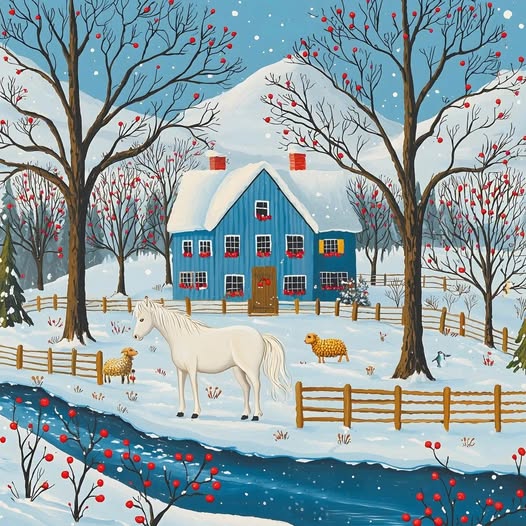 Winter Farm House Snow Scene