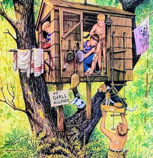 Vintage painting of boys in a treehouse with a No Girls Allowed sign on the tree