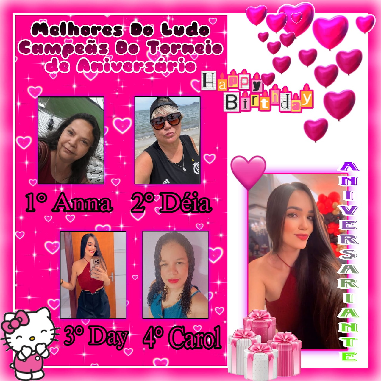 Pink birthday collage with four women's portrait photos, hearts, gifts, and festive text