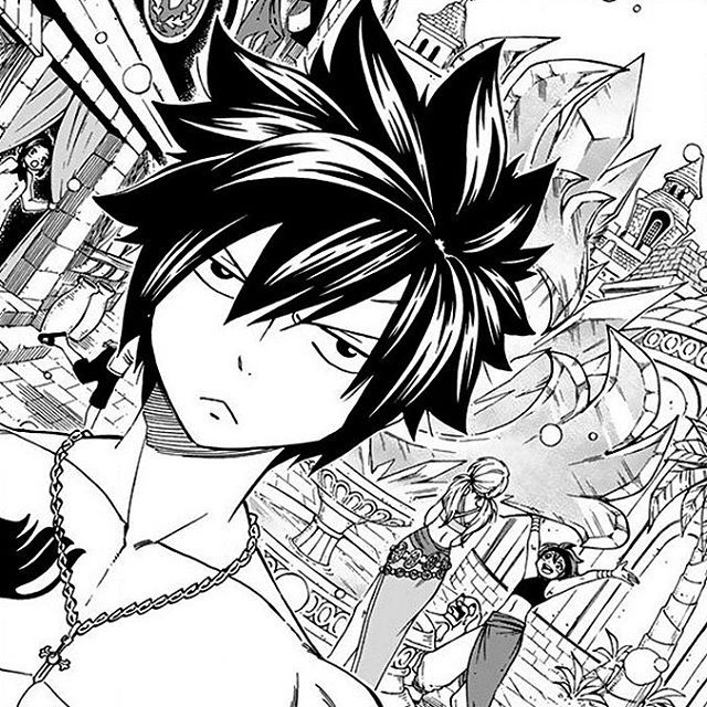Black-and-white anime boy with spiky hair in front of a detailed fantasy city background