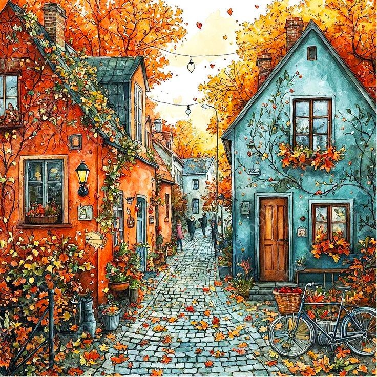 Autumn Village Alley with Bicycle