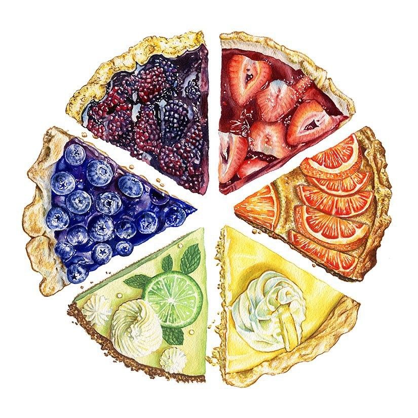 Six assorted fruit tart slices arranged in a circle on a white background