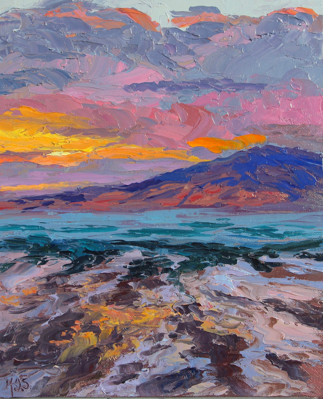 Impressionist sunset painting with purple and pink clouds over ocean waves and rocky beach