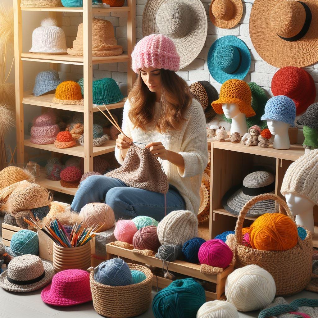 Woman knitting with colorful yarn and many knitted hats displayed on shelves in a cozy room