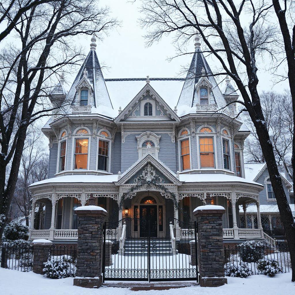 Victorian house with turrets and a snowy front yard behind a gate