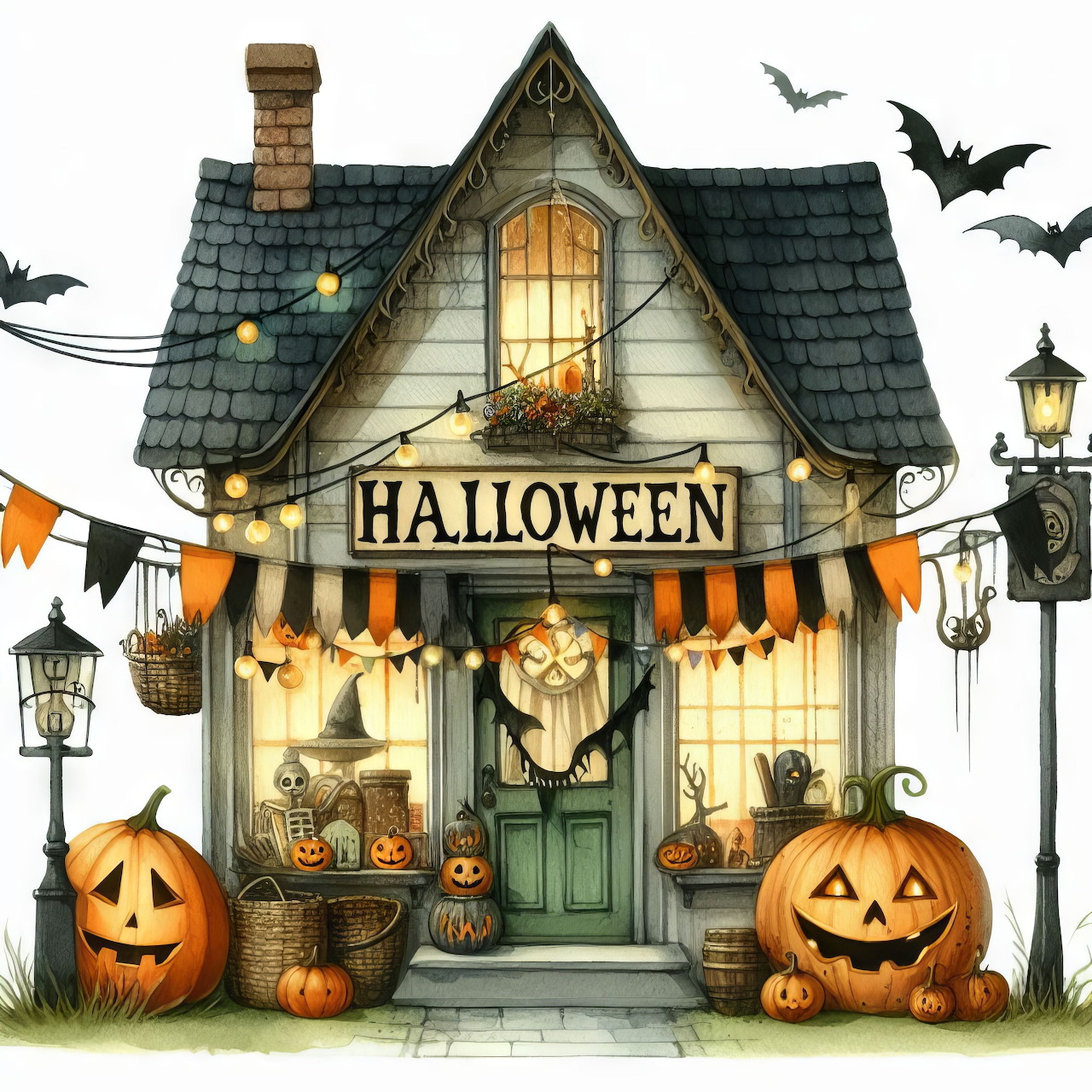 Illustrated Halloween shop with pumpkins, bats, lanterns, and orange bunting outside a small house