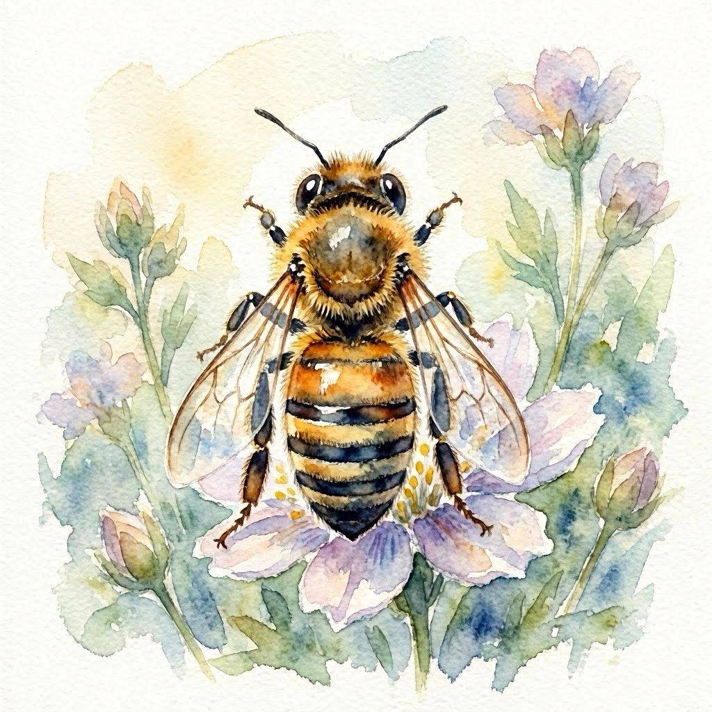 Watercolor Bee on Flowers