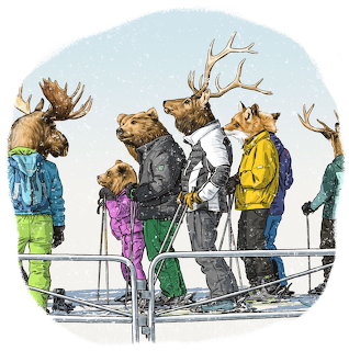 Illustrated group of animals wearing ski clothes and gear standing on snow