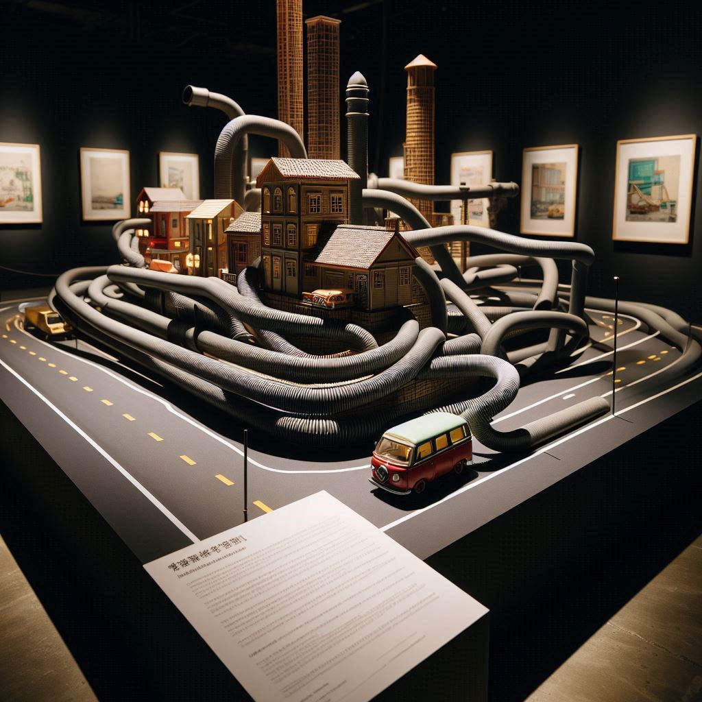 Abstract 3D art installation with winding tube-like roads, small buildings, and a van in a gallery