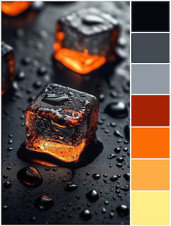 Glowing orange ice cubes on wet black surface with color palette swatches on the right side