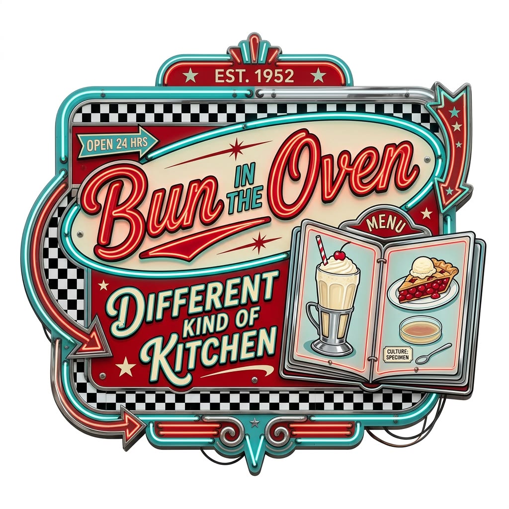 Retro diner sign illustration with neon text, checkerboard border, and menu cards with a milkshake and dessert
