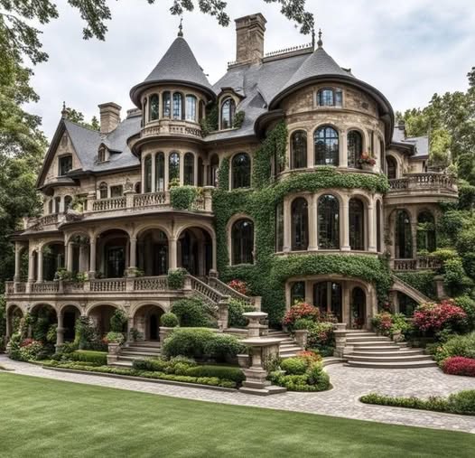 Ornate Victorian stone mansion with turrets, ivy walls, curved staircases, and landscaped gardens