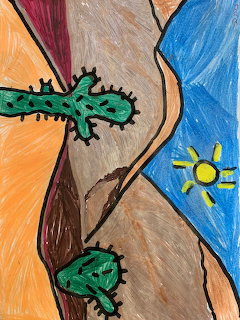 Crayon-style drawing of green cacti on desert cliffs with blue sky and yellow sun