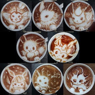 Collage of eight coffee cups with cute animal latte art designs