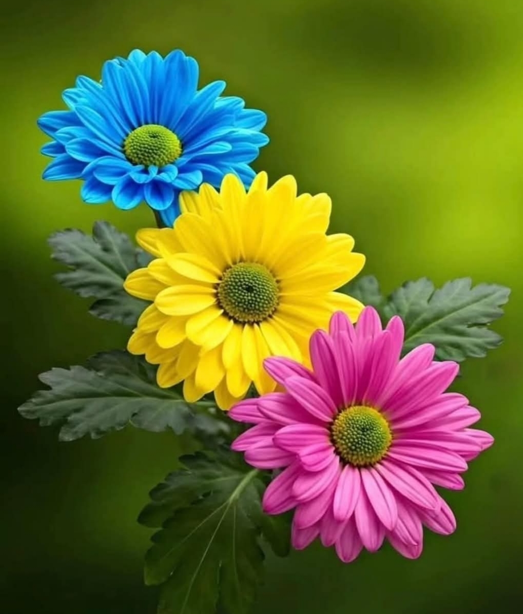 Three colorful daisy flowers in blue, yellow, and pink against a blurred green background