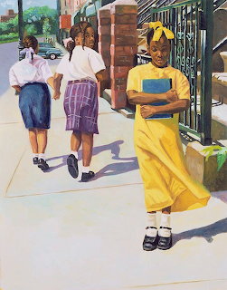Painting of three schoolgirls on a sidewalk, with one girl in a yellow dress in the foreground