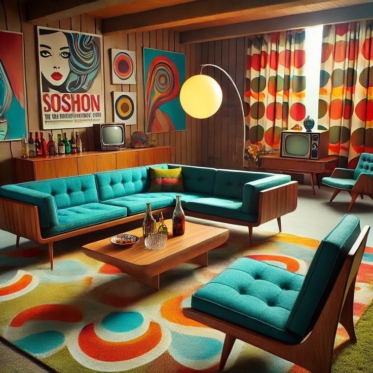 Retro mid-century living room with teal sofas, geometric rug, wood walls, vintage TV, and colorful art