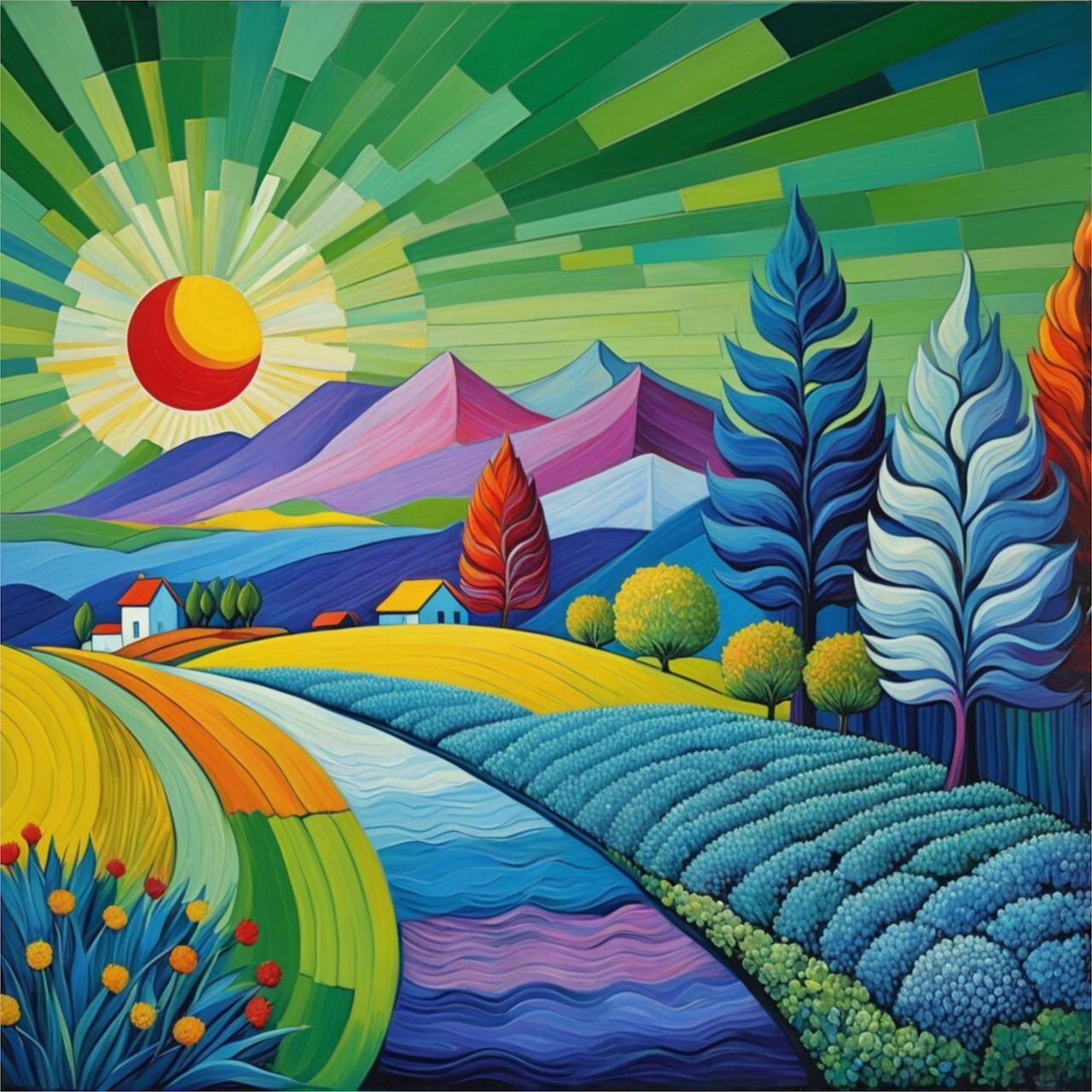 Colorful geometric landscape with abstract hills, trees, sun rays, and mosaic patterns in vibrant blues, greens, and warm tones