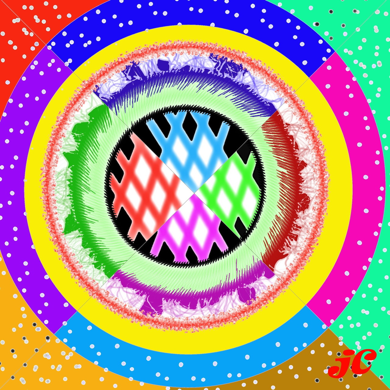 Abstract art with rainbow concentric circles, diamond center, and colorful polka dot corners
