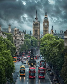 Big Ben and Westminster in London above a street with red double-decker buses and dark clouds