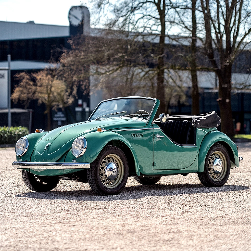 Green vintage Volkswagen Beetle convertible with top down parked on pavement