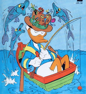 Donald Duck sitting in a colorful boat holding a fishing rod with fish jumping around him