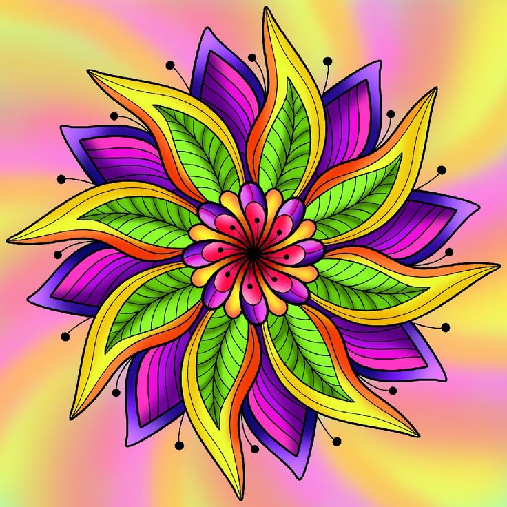 Symmetrical mandala with multicolored petals arranged in circular pattern on gradient background