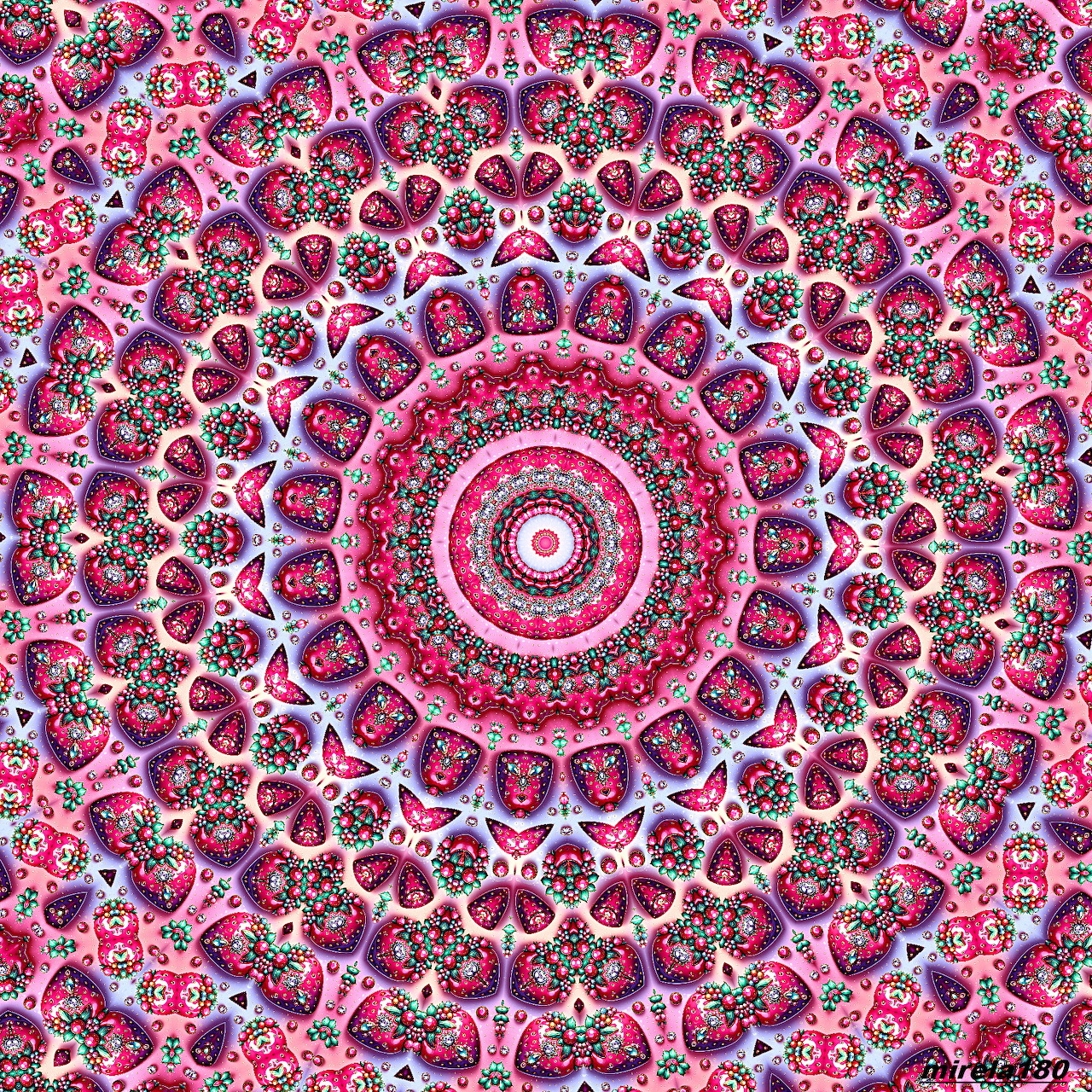 Detailed pink and red mandala with concentric floral patterns and radial symmetry on white background