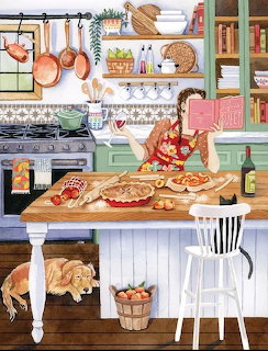 Illustrated kitchen with pies on table, orange cat sleeping below, copper pots hanging, shelves with dishes and plants