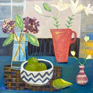 Painting of lilies, hydrangeas, green apples, and a pear arranged on a table